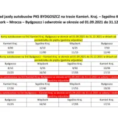 Rozkład jazdy autobusów PKS z tabelami godzin odjazdów na trasie Kamień Kraj.-Bydgoszcz i odwrotnie.